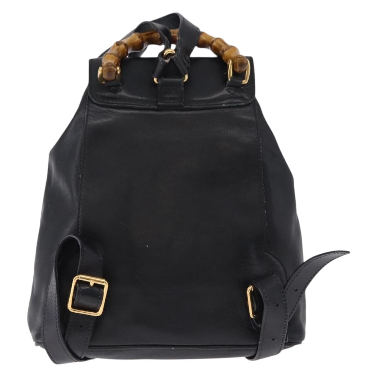 GUCCI Bamboo Backpack Leather Black Gold Tone 003 1705 0030 Auth ka5411A