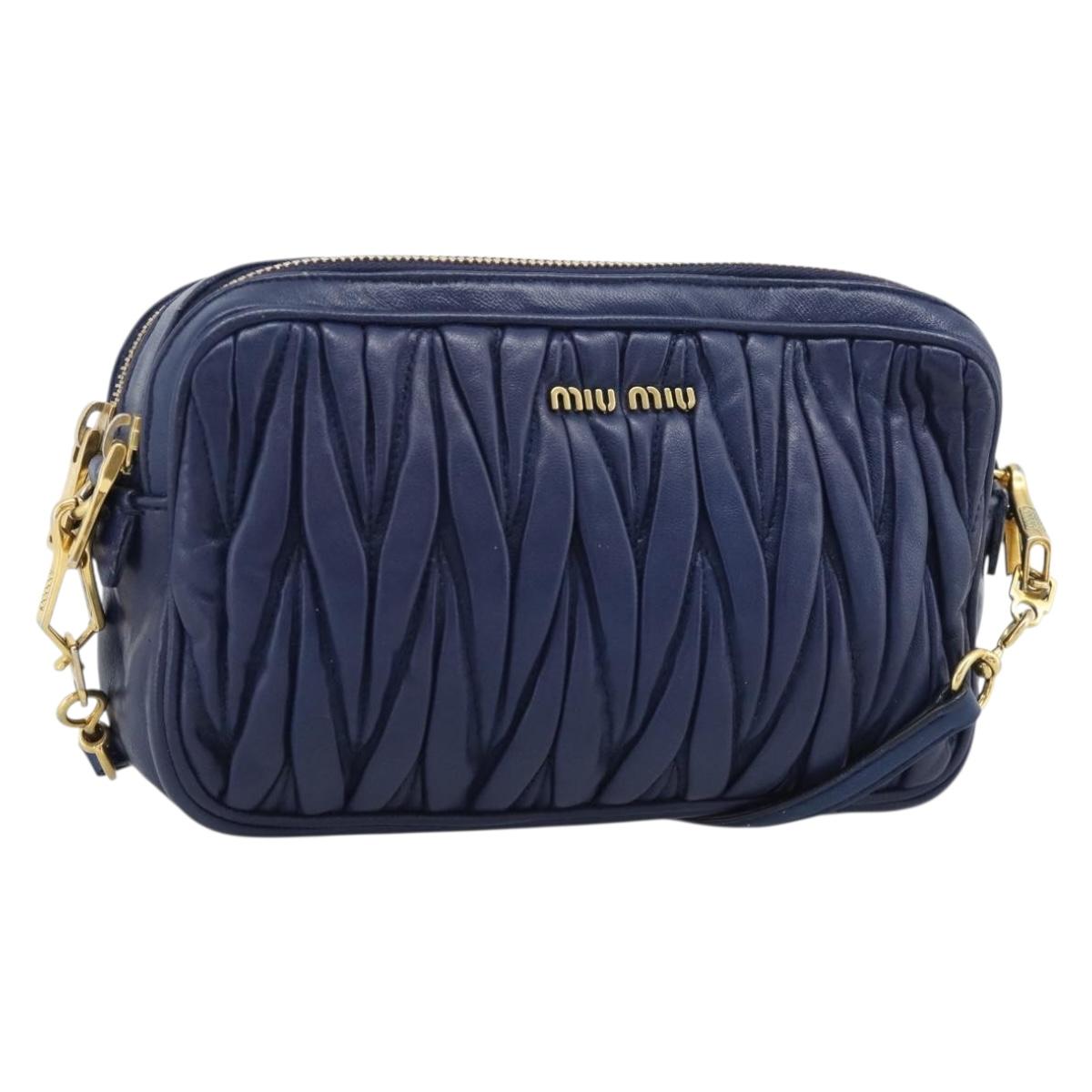Miu Miu Matelasse Shoulder Bag Leather Blue Gold Tone Auth ka5412A