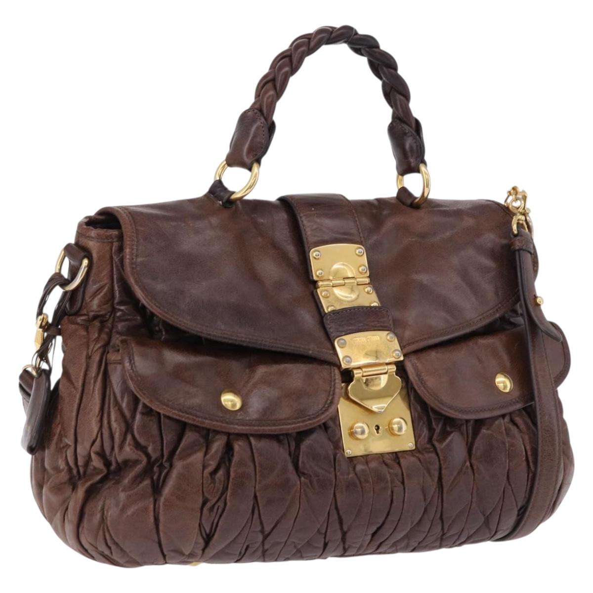 Miu Miu Matelasse Hand Bag Leather 2way Brown Gold Tone Auth ka5417