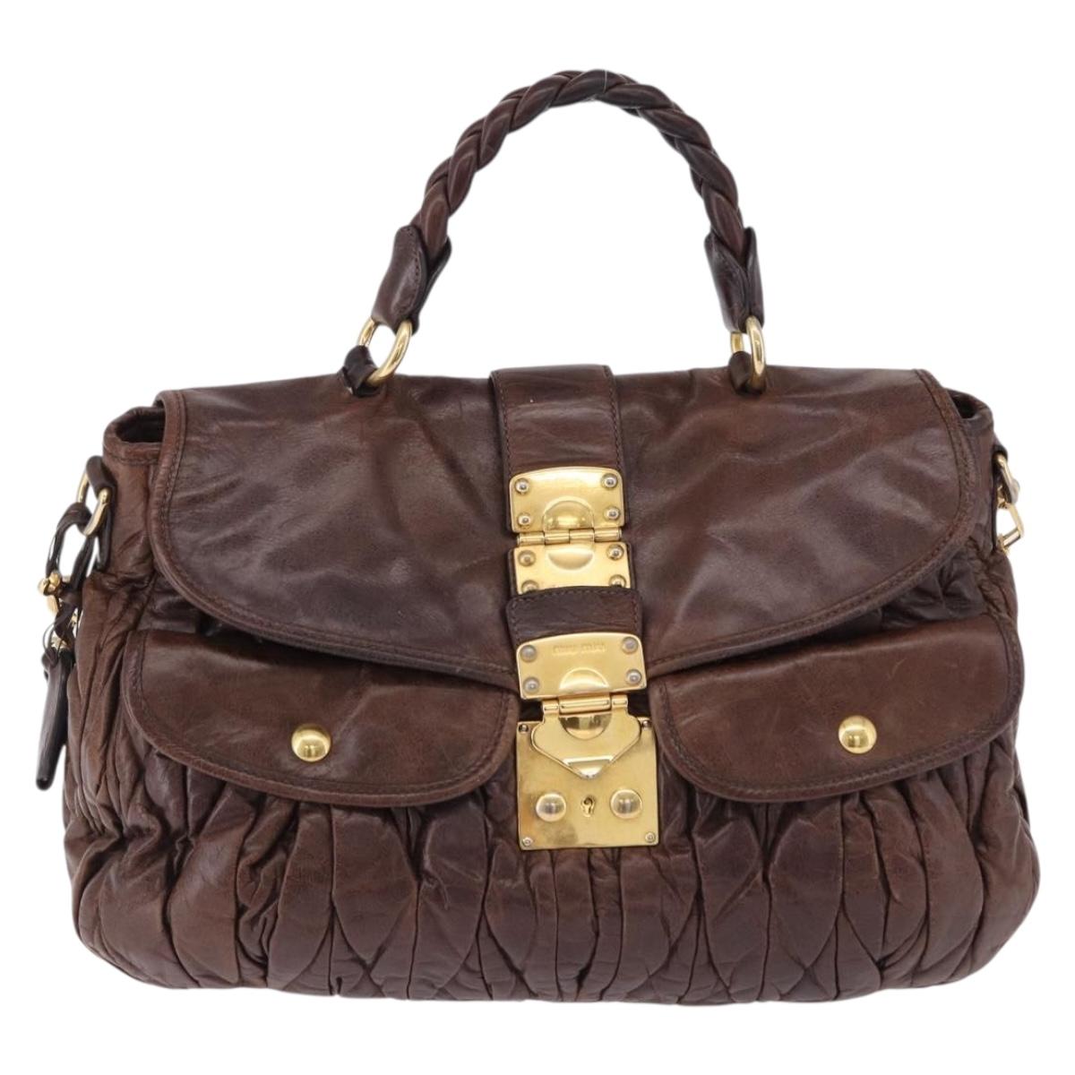Miu Miu Matelasse Hand Bag Leather 2way Brown Gold Tone Auth ka5417