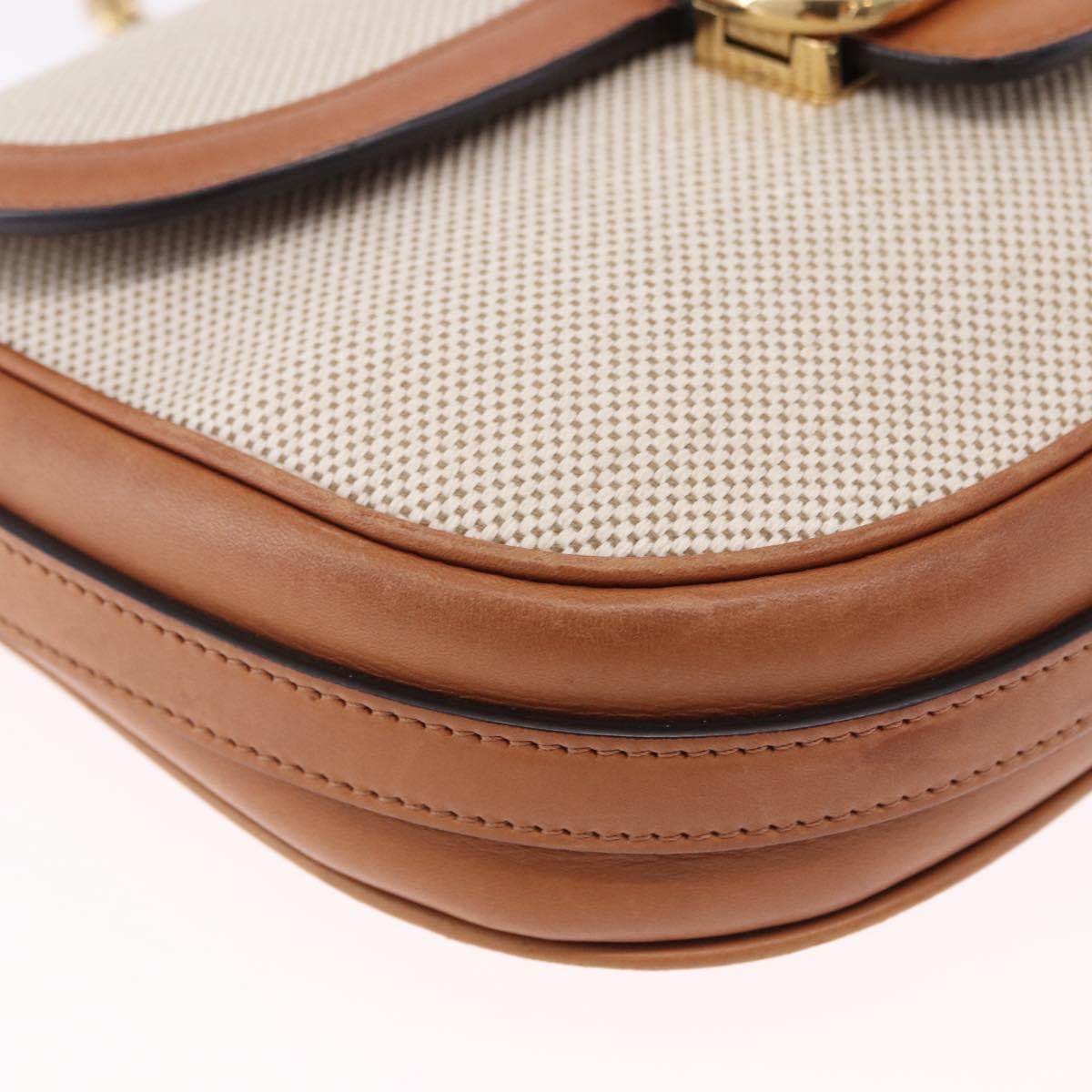 CELINE Chain Shoulder Bag Canvas Beige Gold Tone Auth ka5419V