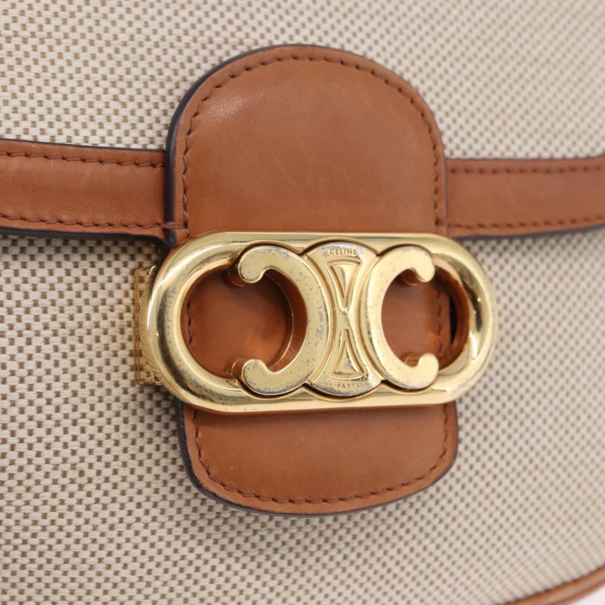 CELINE Chain Shoulder Bag Canvas Beige Gold Tone Auth ka5419V