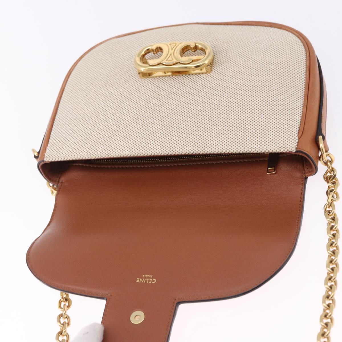 CELINE Chain Shoulder Bag Canvas Beige Gold Tone Auth ka5419V