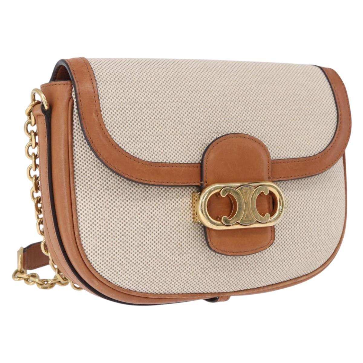 CELINE Chain Shoulder Bag Canvas Beige Gold Tone Auth ka5419V