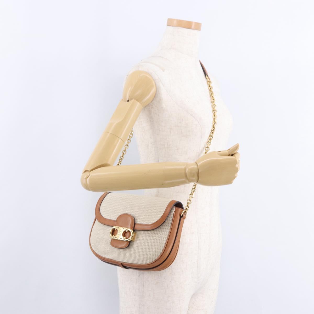 CELINE Chain Shoulder Bag Canvas Beige Gold Tone Auth ka5419V