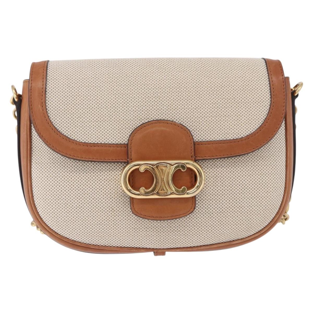 CELINE Chain Shoulder Bag Canvas Beige Gold Tone Auth ka5419V