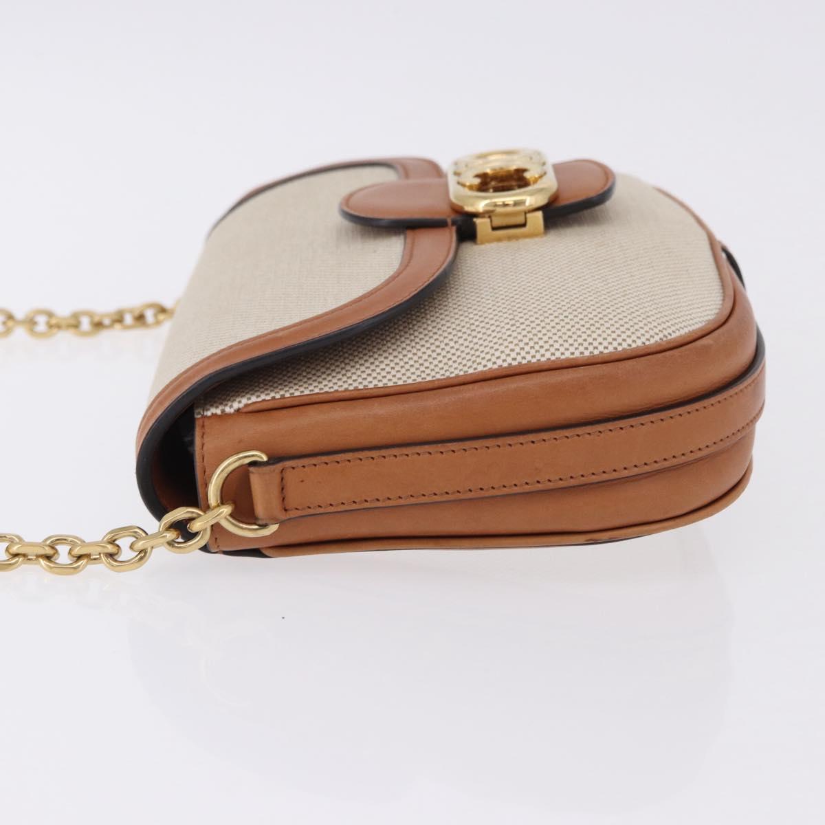 CELINE Chain Shoulder Bag Canvas Beige Gold Tone Auth ka5419V