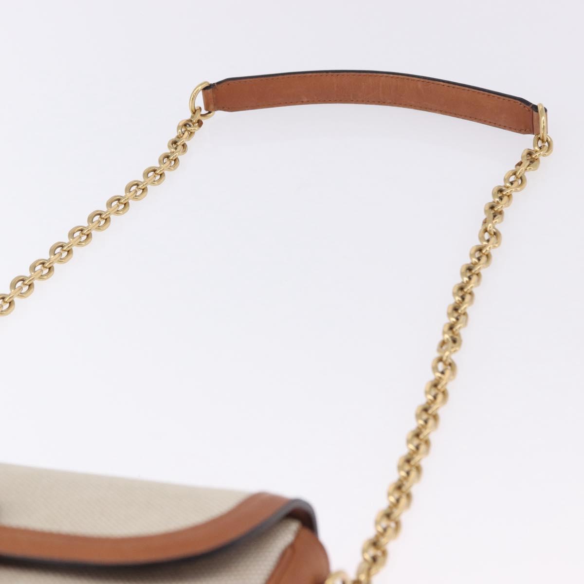 CELINE Chain Shoulder Bag Canvas Beige Gold Tone Auth ka5419V