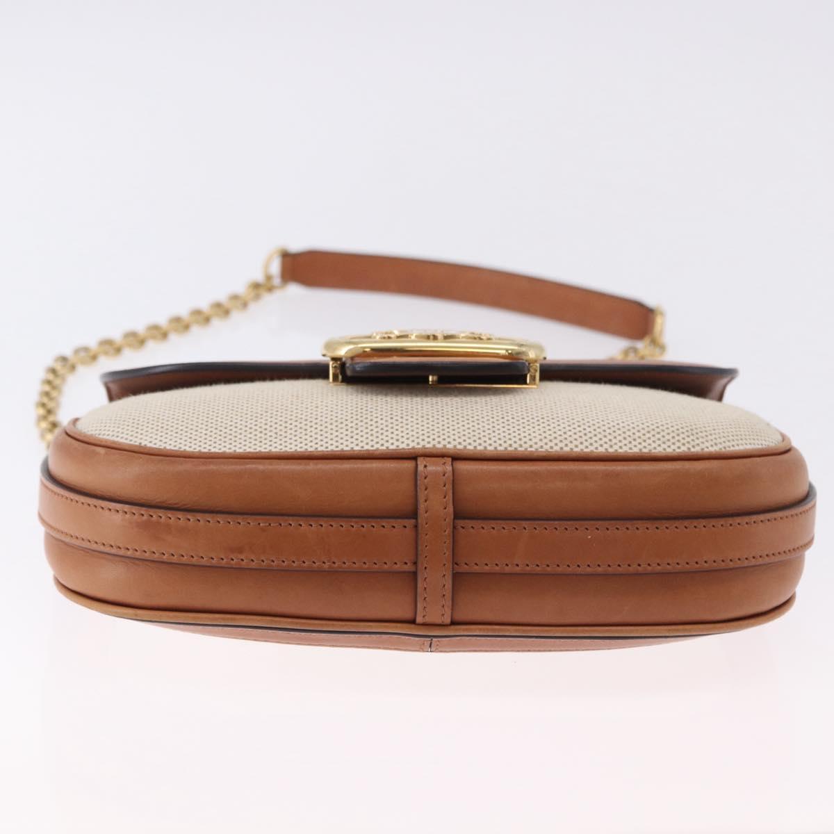 CELINE Chain Shoulder Bag Canvas Beige Gold Tone Auth ka5419V