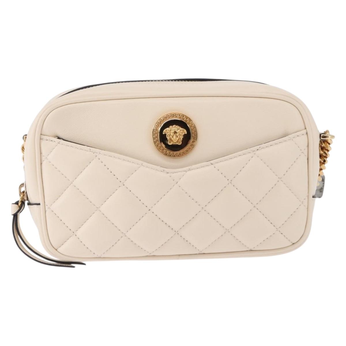 VERSACE Chain Shoulder Bag Leather Ivory Gold Tone Auth ka5420V