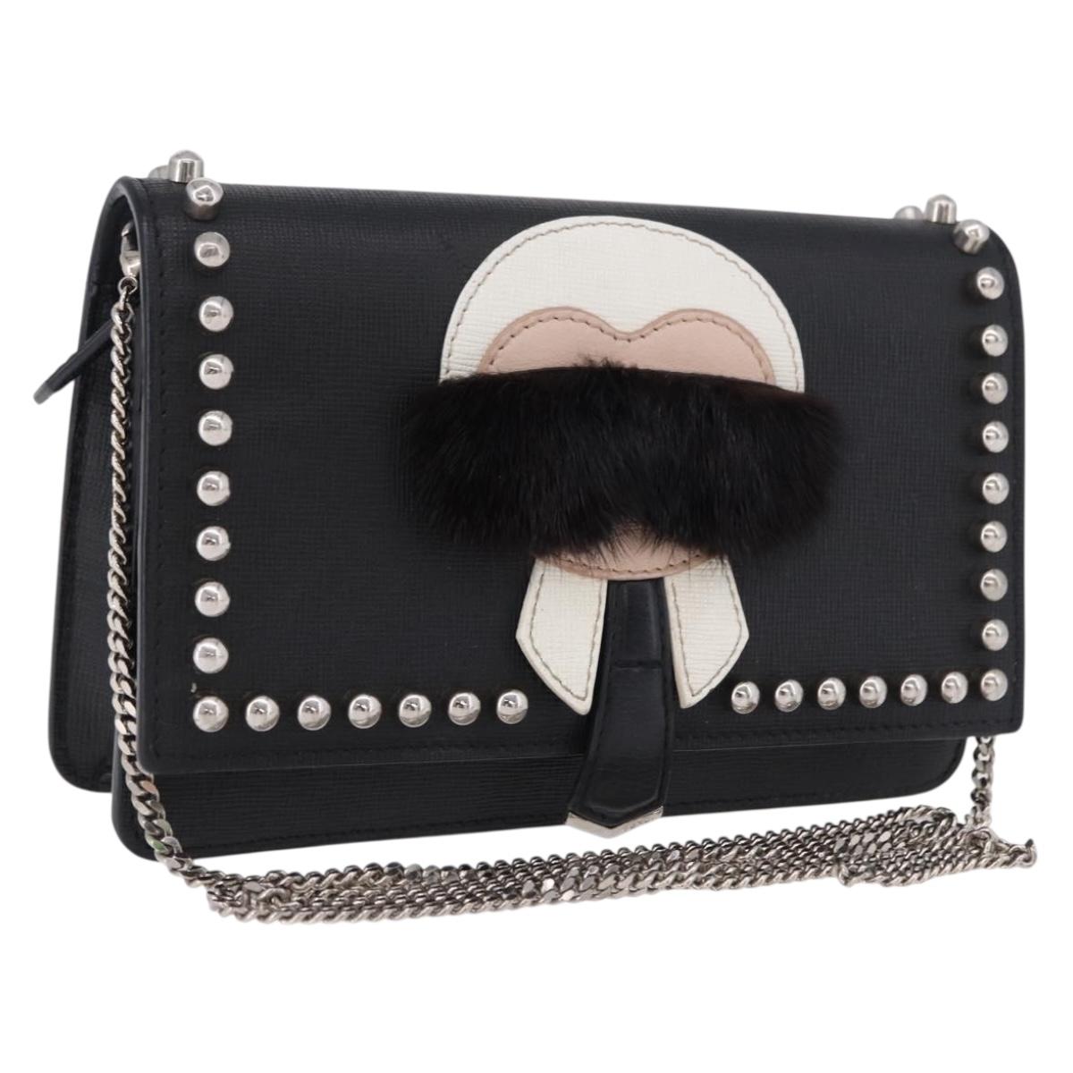 FENDI Karito Chain Shoulder Wallet Leather Black Silver 8M0346 Auth ka5424V