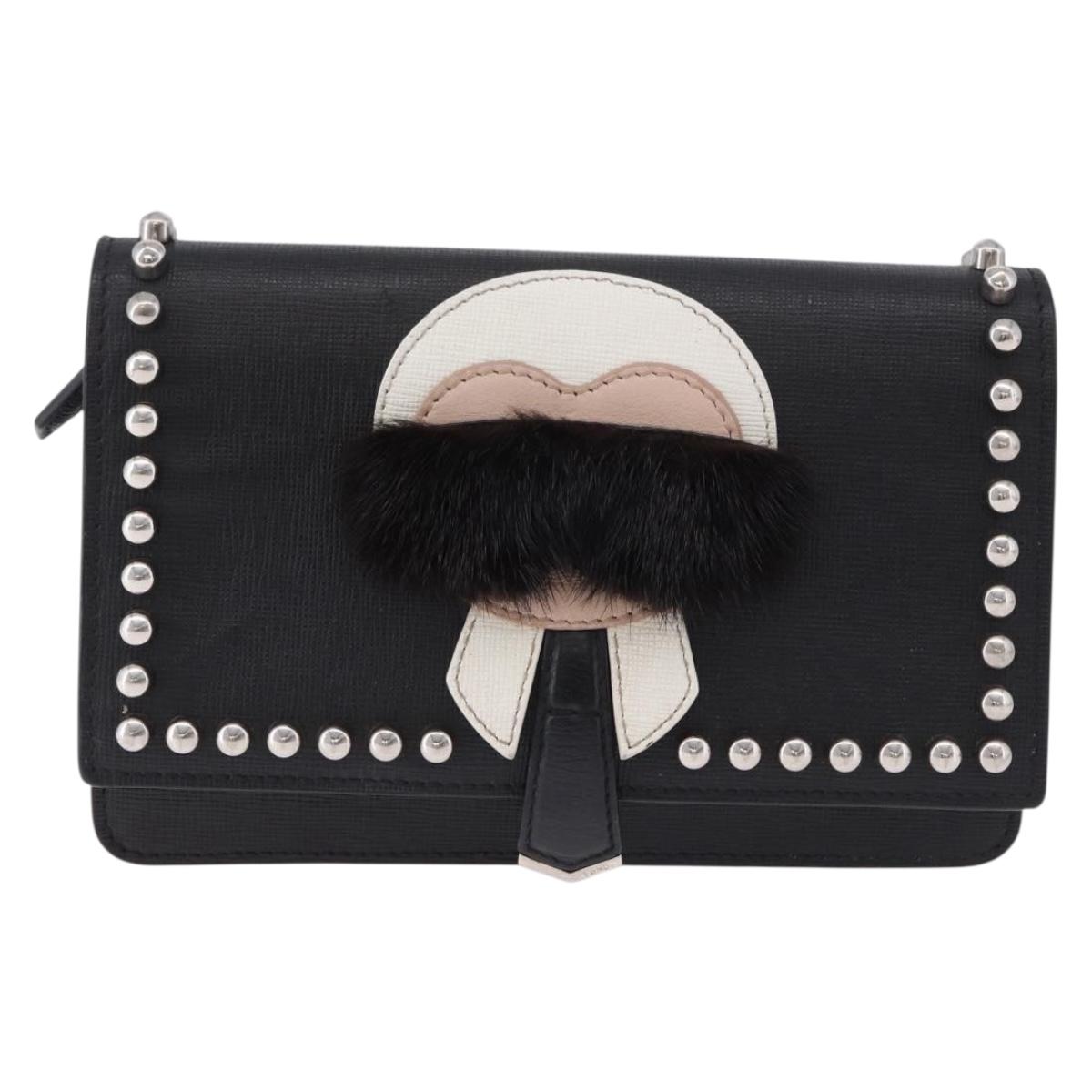 FENDI Karito Chain Shoulder Wallet Leather Black Silver 8M0346 Auth ka5424V