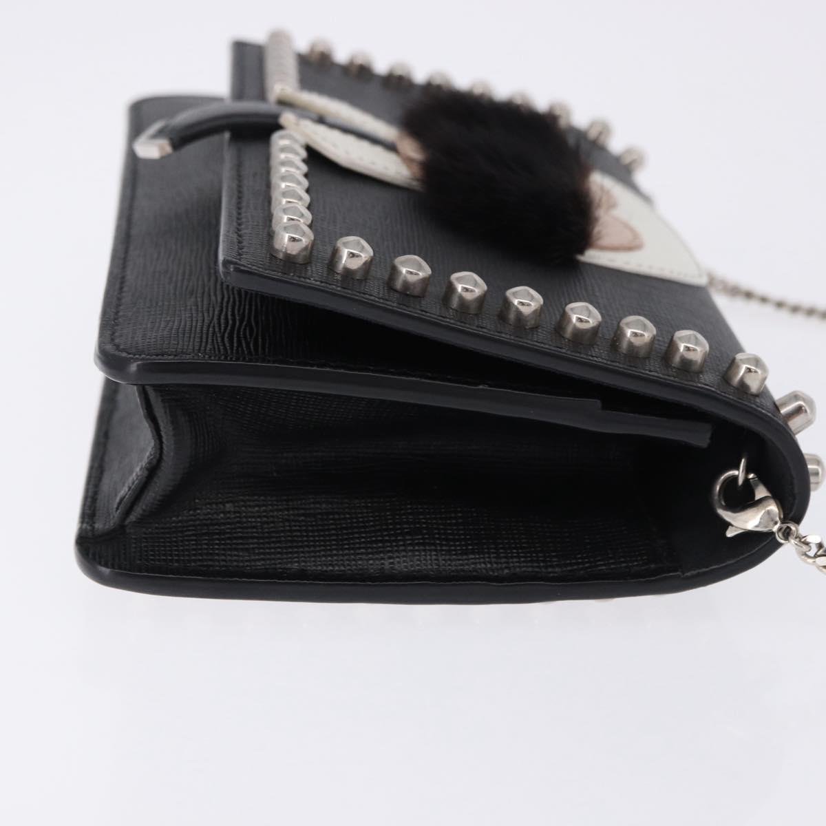 FENDI Karito Chain Shoulder Wallet Leather Black Silver 8M0346 Auth ka5424V