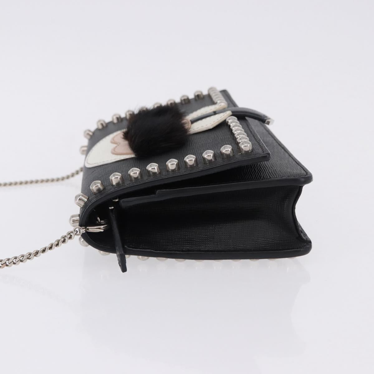 FENDI Karito Chain Shoulder Wallet Leather Black Silver 8M0346 Auth ka5424V