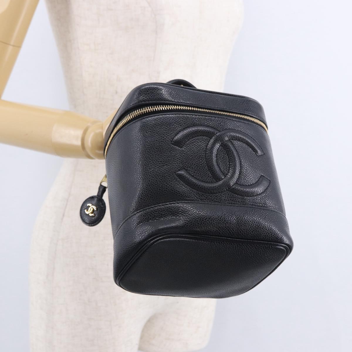 CHANEL COCO Mark Vanity Cosmetic Pouch Caviar Skin Black Gold CC Auth ka5432