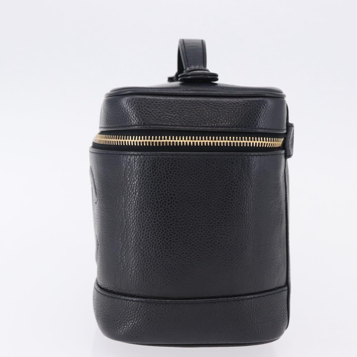 CHANEL COCO Mark Vanity Cosmetic Pouch Caviar Skin Black Gold CC Auth ka5432