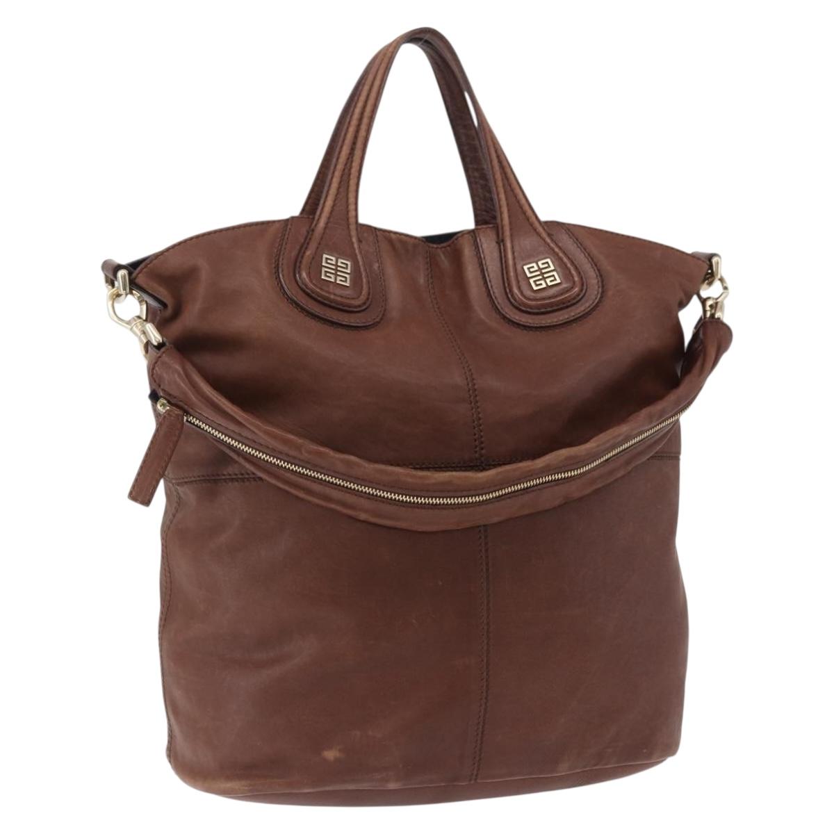 GIVENCHY Hand Bag Leather 2way Brown Gold Tone Auth ka5437