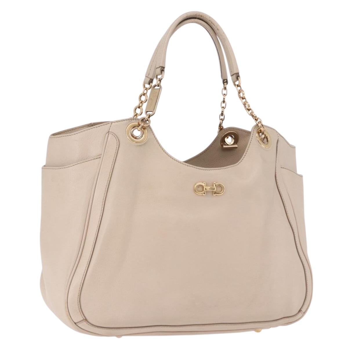 Salvatore Ferragamo Gancini Hand Bag Leather Beige Gold Tone Auth ka5439
