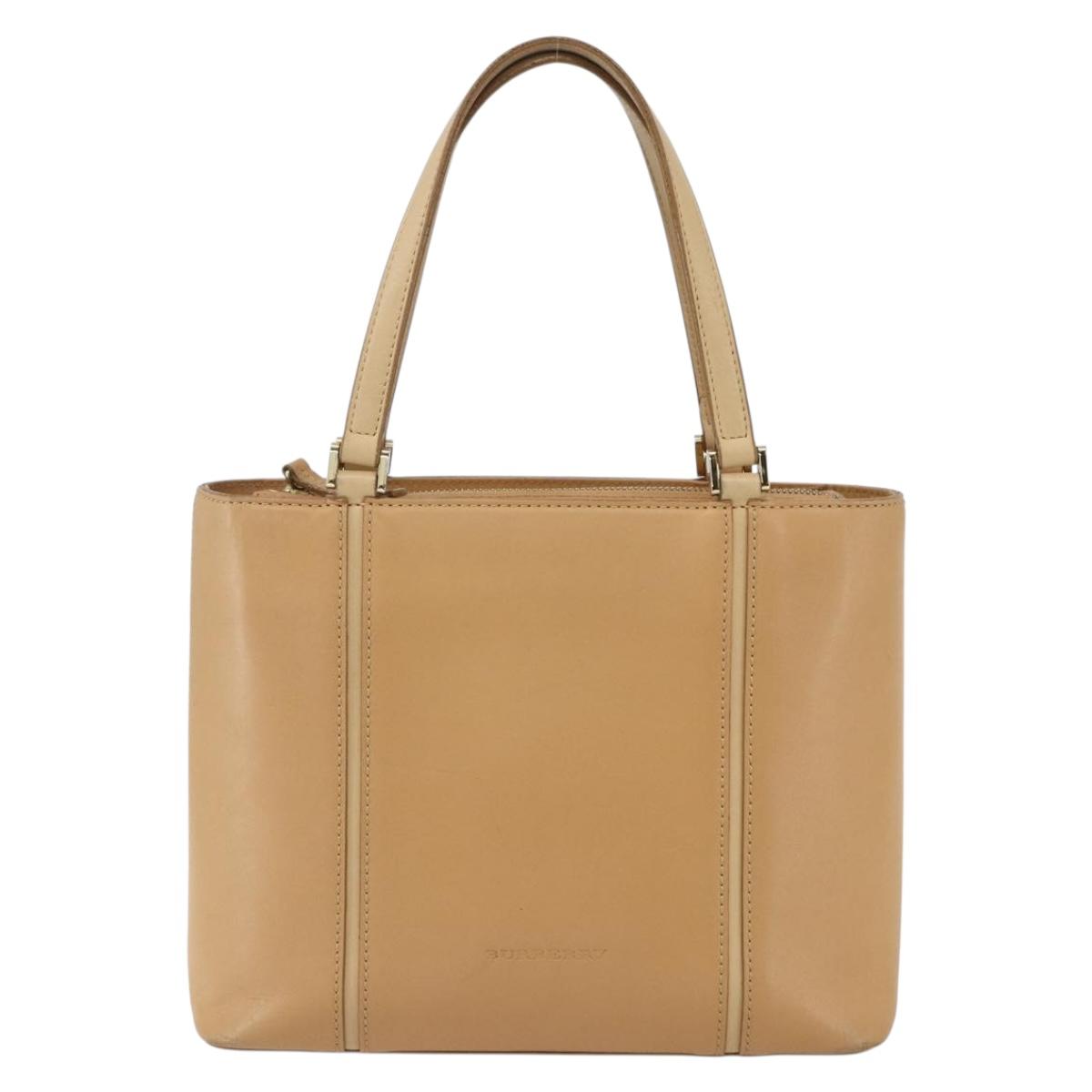BURBERRY Hand Bag Leather Beige Gold Auth ka544