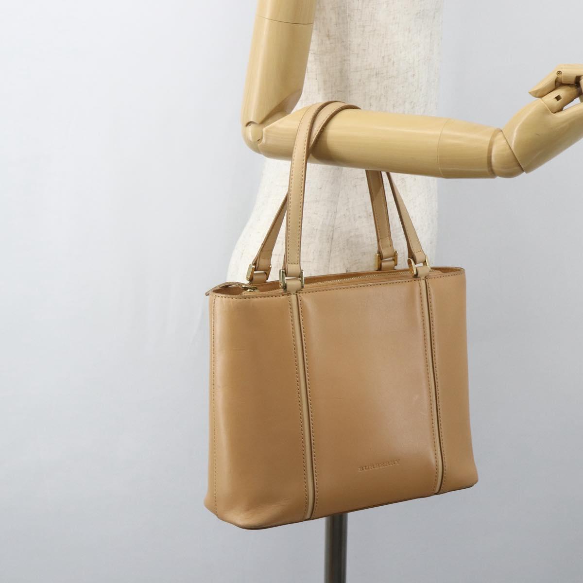 BURBERRY Hand Bag Leather Beige Gold Auth ka544