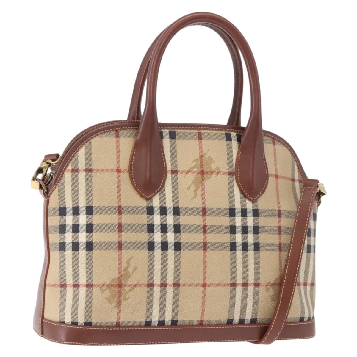 BURBERRY Nova Check Hand Bag PVC Leather 2way Beige Gold Tone Auth ka5442V