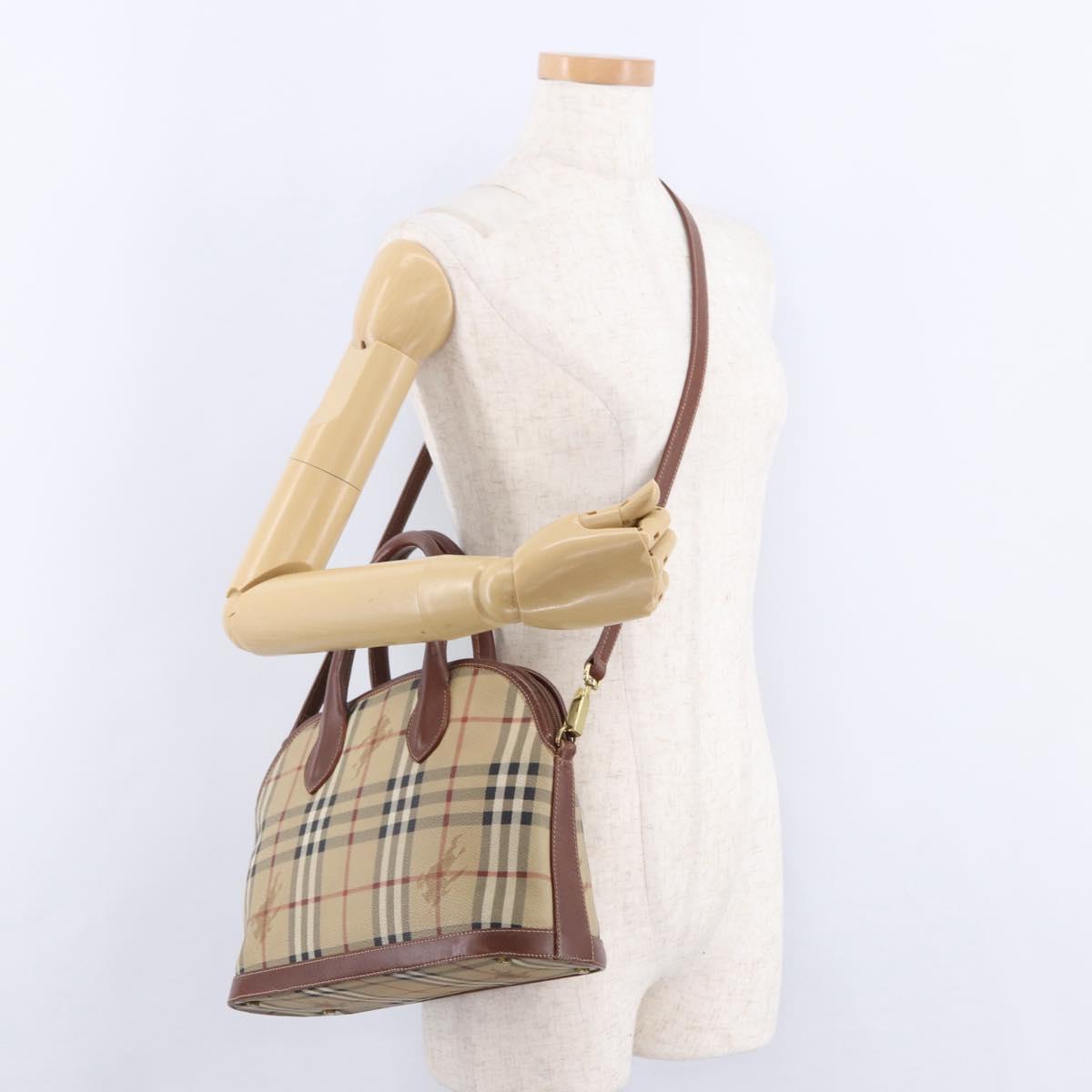 BURBERRY Nova Check Hand Bag PVC Leather 2way Beige Gold Tone Auth ka5442V