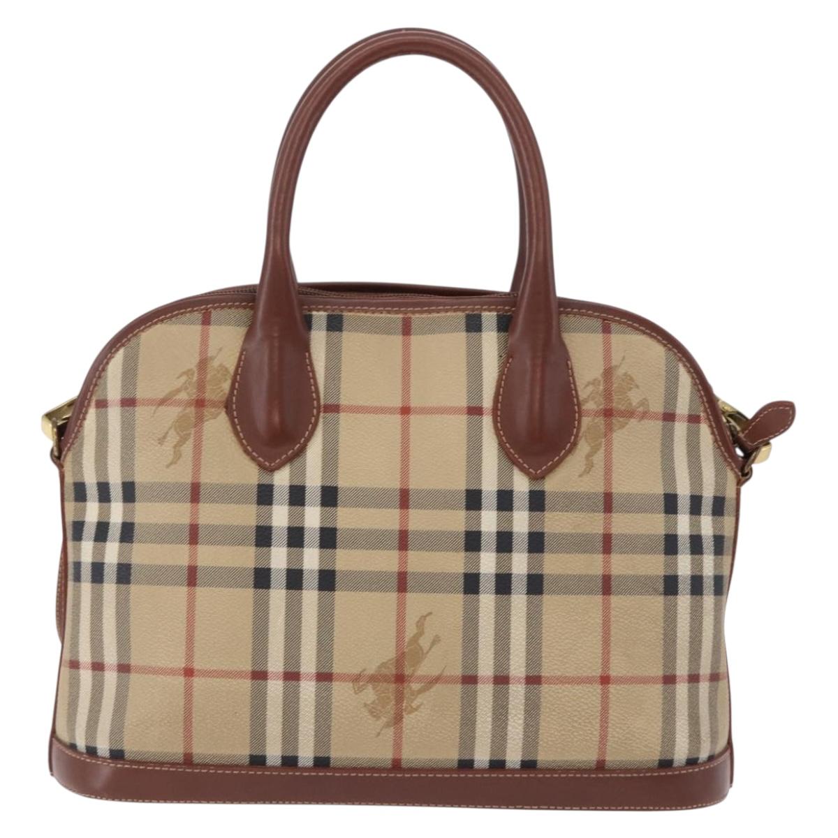 BURBERRY Nova Check Hand Bag PVC Leather 2way Beige Gold Tone Auth ka5442V