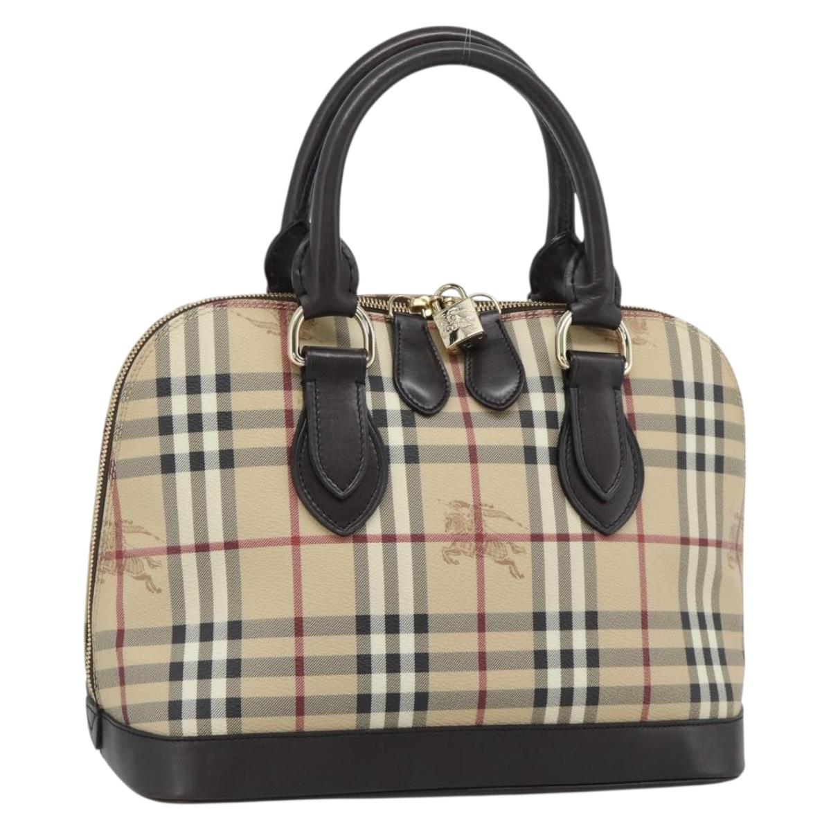 BURBERRY Nova Check Hand Bag PVC Leather Beige Gold Tone Auth ka5443V