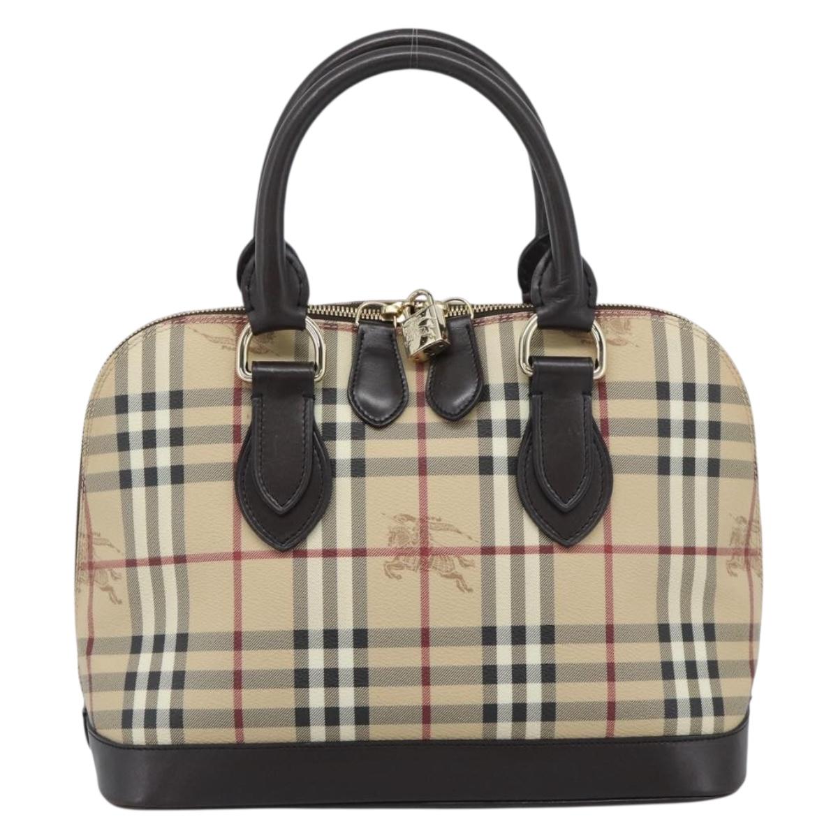 BURBERRY Nova Check Hand Bag PVC Leather Beige Gold Tone Auth ka5443V