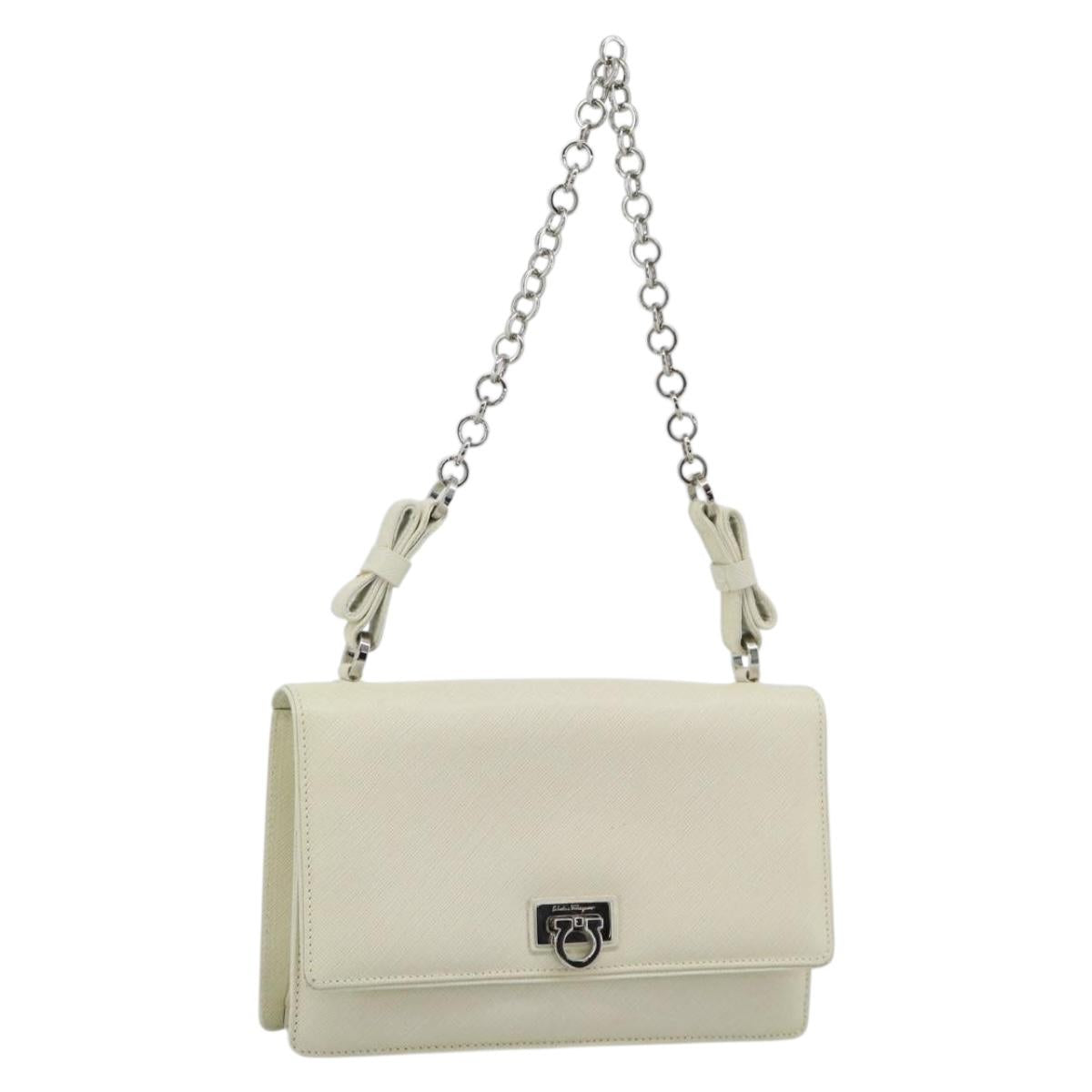 Salvatore Ferragamo Gancini Chain Shoulder Bag Leather Ivory Silver Auth ka5446V