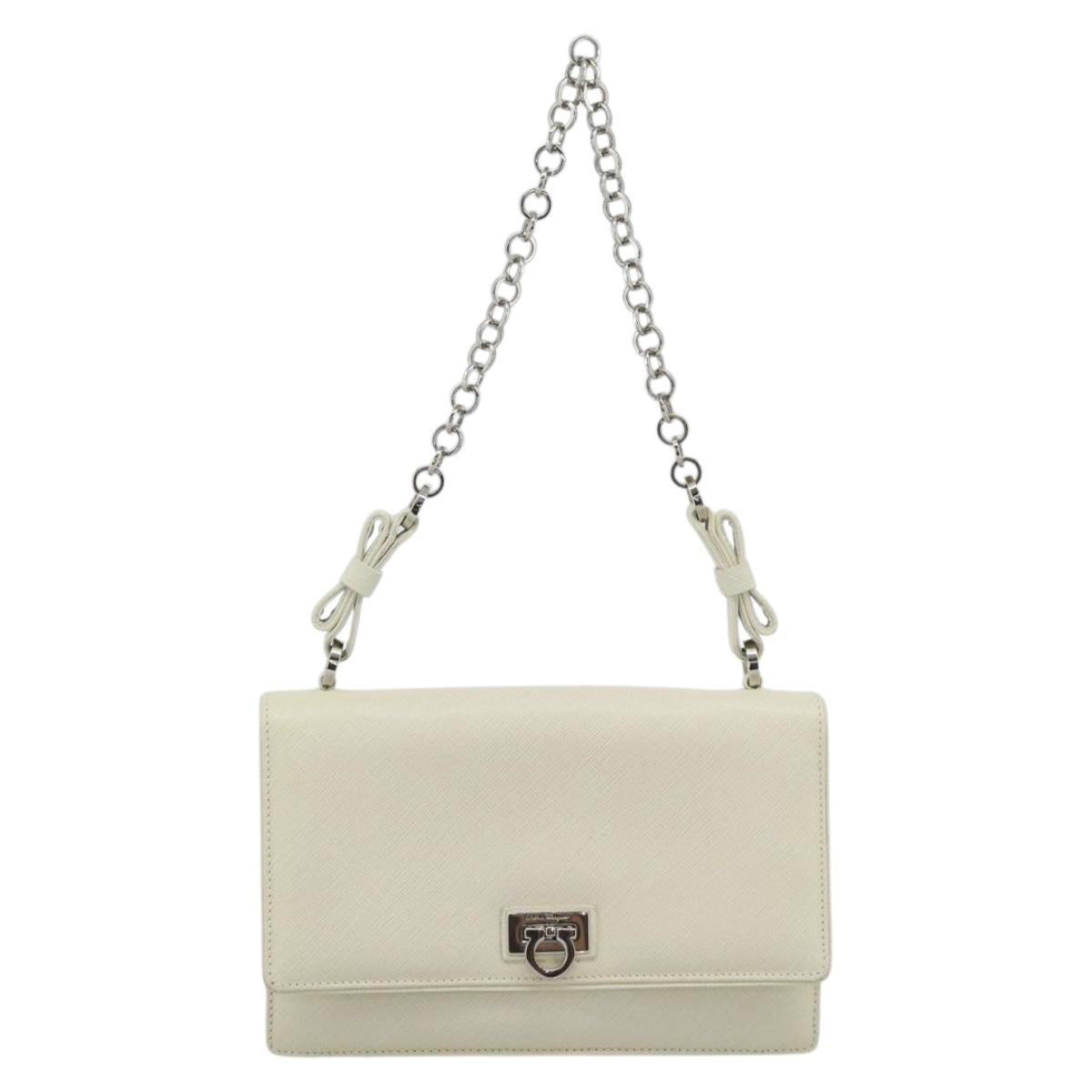 Salvatore Ferragamo Gancini Chain Shoulder Bag Leather Ivory Silver Auth ka5446V