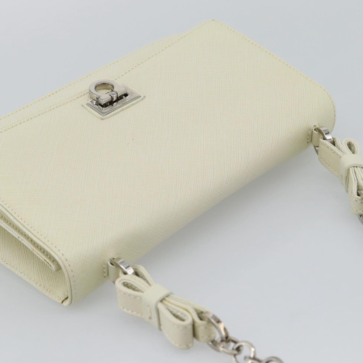 Salvatore Ferragamo Gancini Chain Shoulder Bag Leather Ivory Silver Auth ka5446V