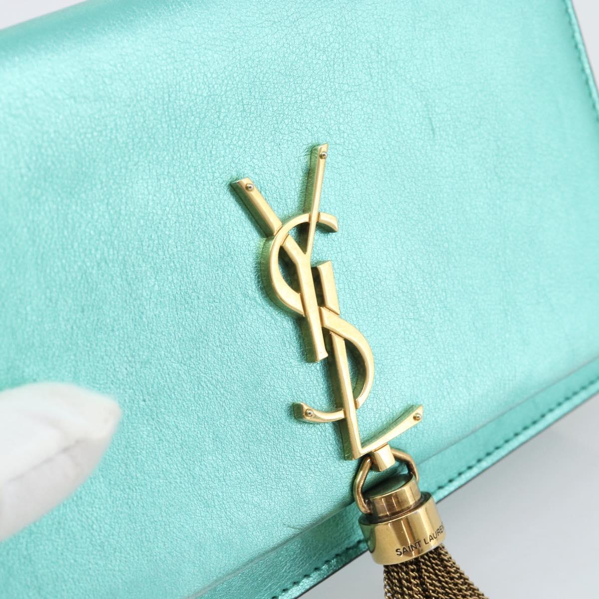 SAINT LAURENT Chain Shoulder Wallet Leather Green Gold Tone 452159 Auth ka5455V