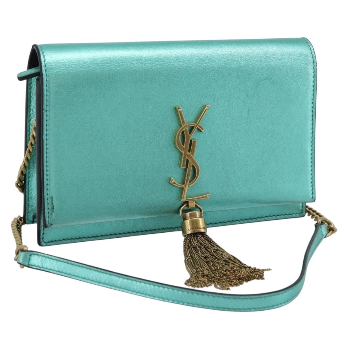 SAINT LAURENT Chain Shoulder Wallet Leather Green Gold Tone 452159 Auth ka5455V