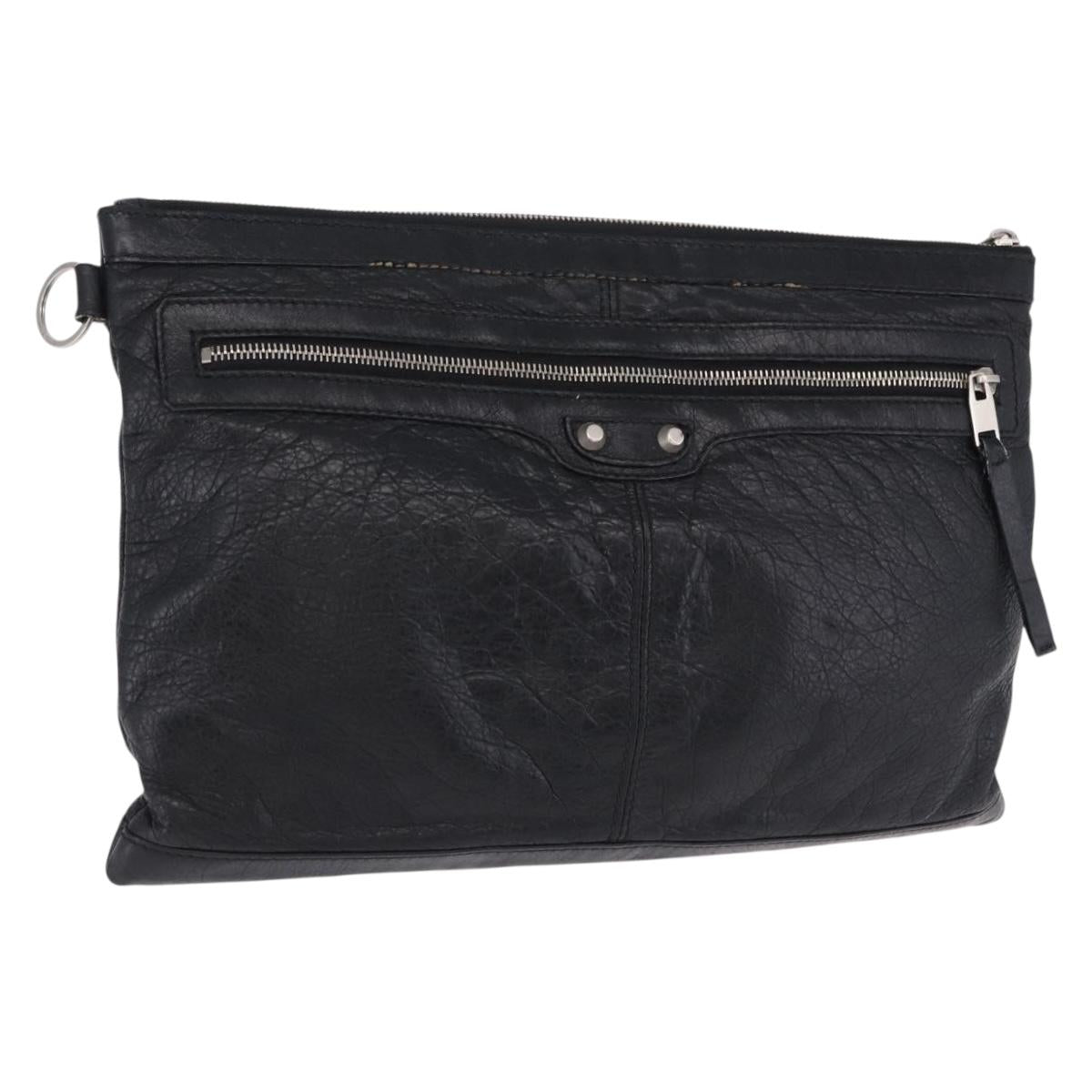 BALENCIAGA Classic Clip L Clutch Bag Leather Black Silver 273023 Auth ka5461