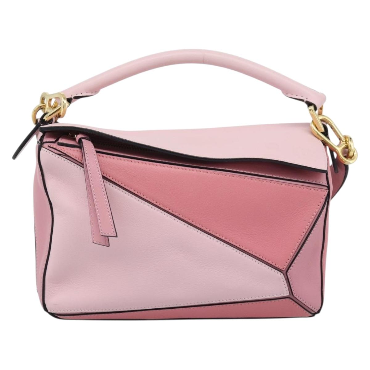 LOEWE Puzzle Small Hand Bag Leather 2way Pink Gold Tone Auth ka5476V