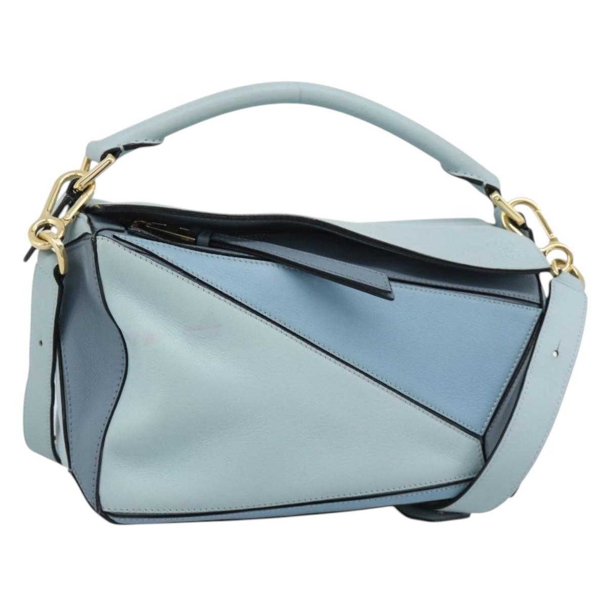 LOEWE Puzzle Small Hand Bag Leather 2way Light Blue Gold Tone Auth ka5477V
