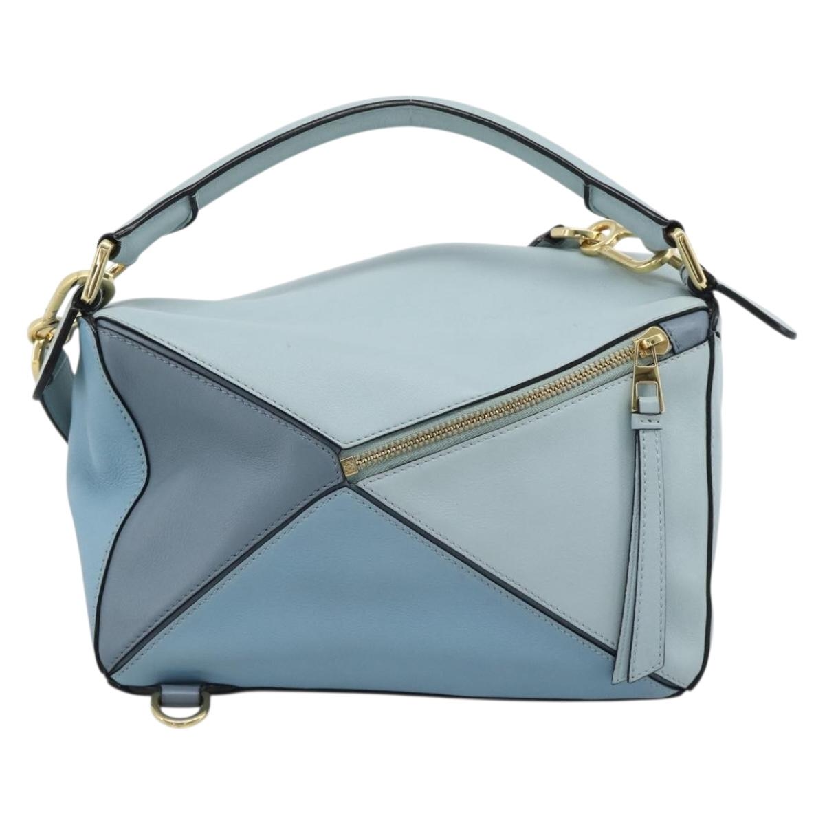 LOEWE Puzzle Small Hand Bag Leather 2way Light Blue Gold Tone Auth ka5477V