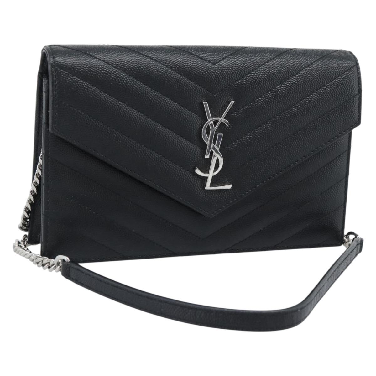 SAINT LAURENT Chain Shoulder Bag Leather Black Silver 742920 Auth ka5481V