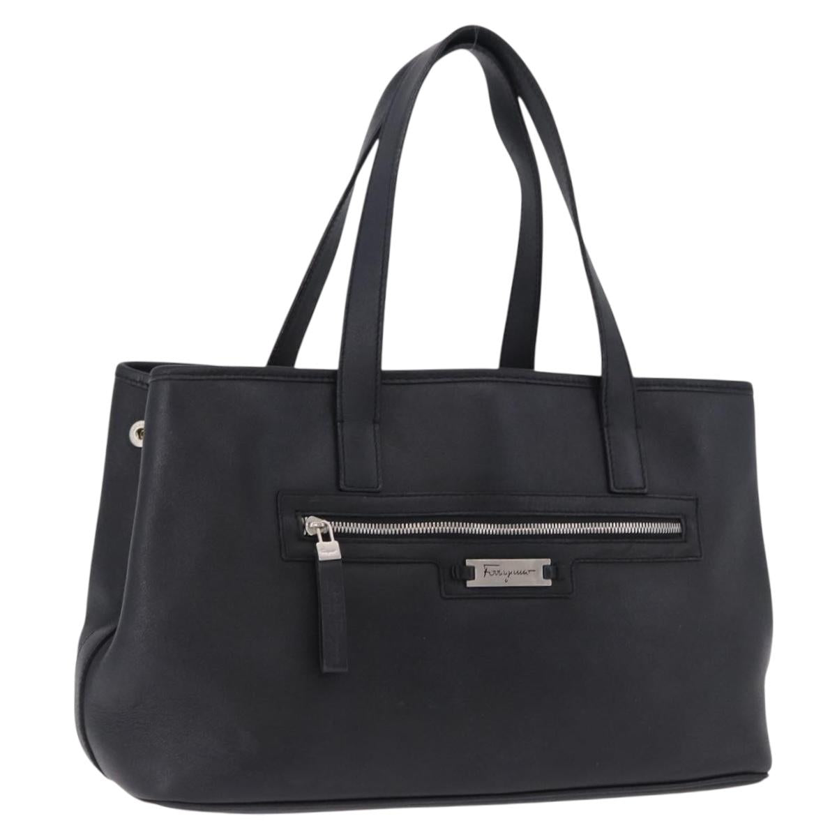 Salvatore Ferragamo Hand Bag Leather Black Silver Auth ka5488