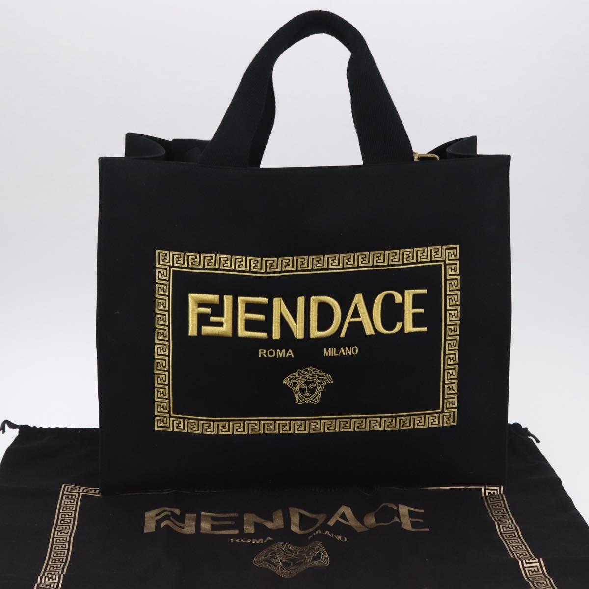FENDI FENDACE Tote Bag Canvas 2way Black Gold 7VA558 Auth ka5494M