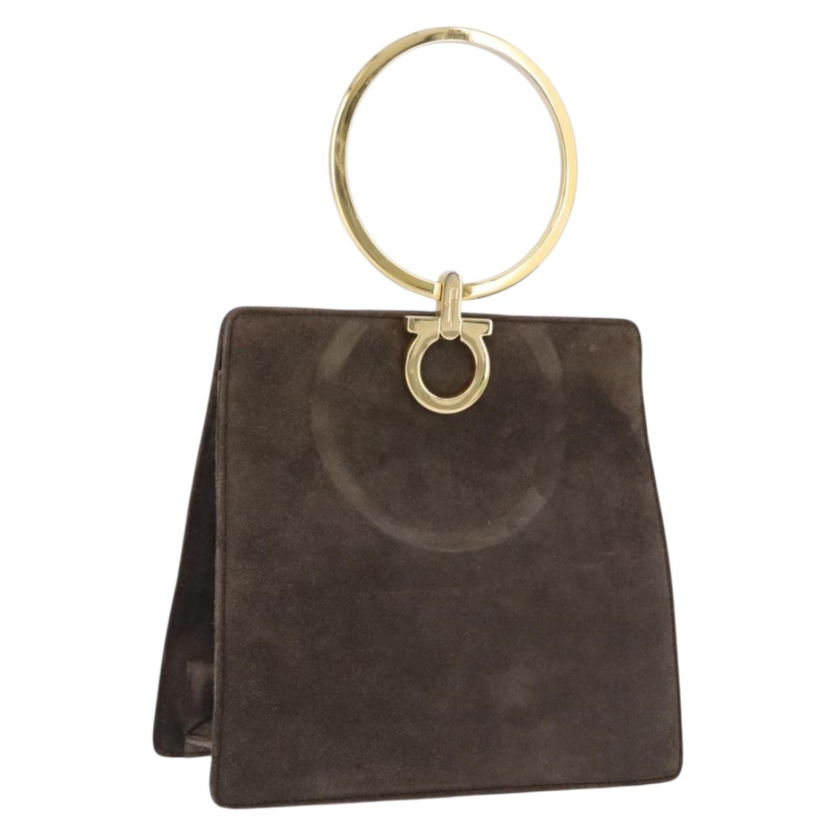 Salvatore Ferragamo Gancini Hand Bag Suede Brown Gold Tone Auth ka5495