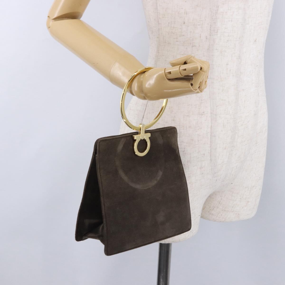 Salvatore Ferragamo Gancini Hand Bag Suede Brown Gold Tone Auth ka5495