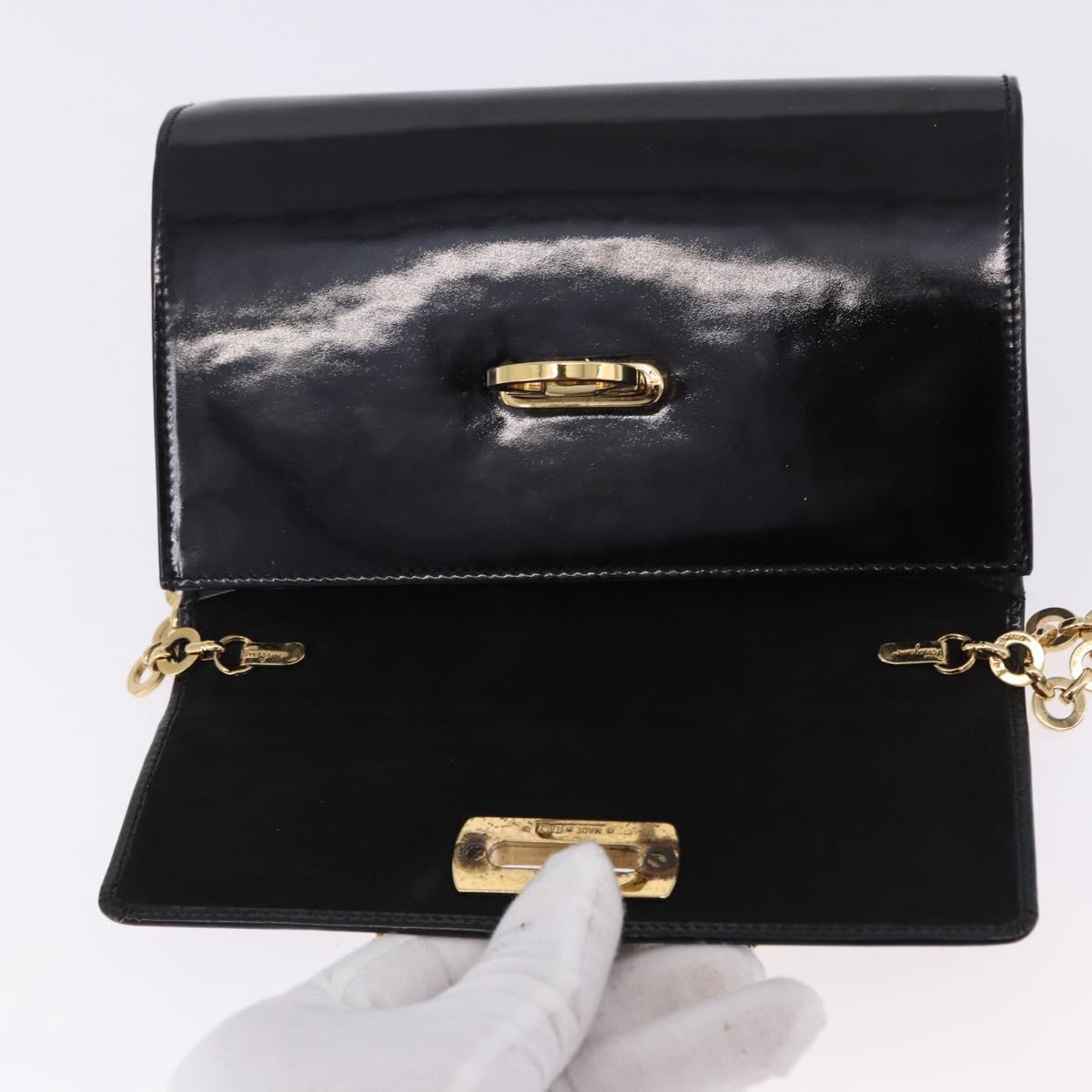Salvatore Ferragamo Gancini Chain Shoulder Bag Patent Black Gold Auth ka5498