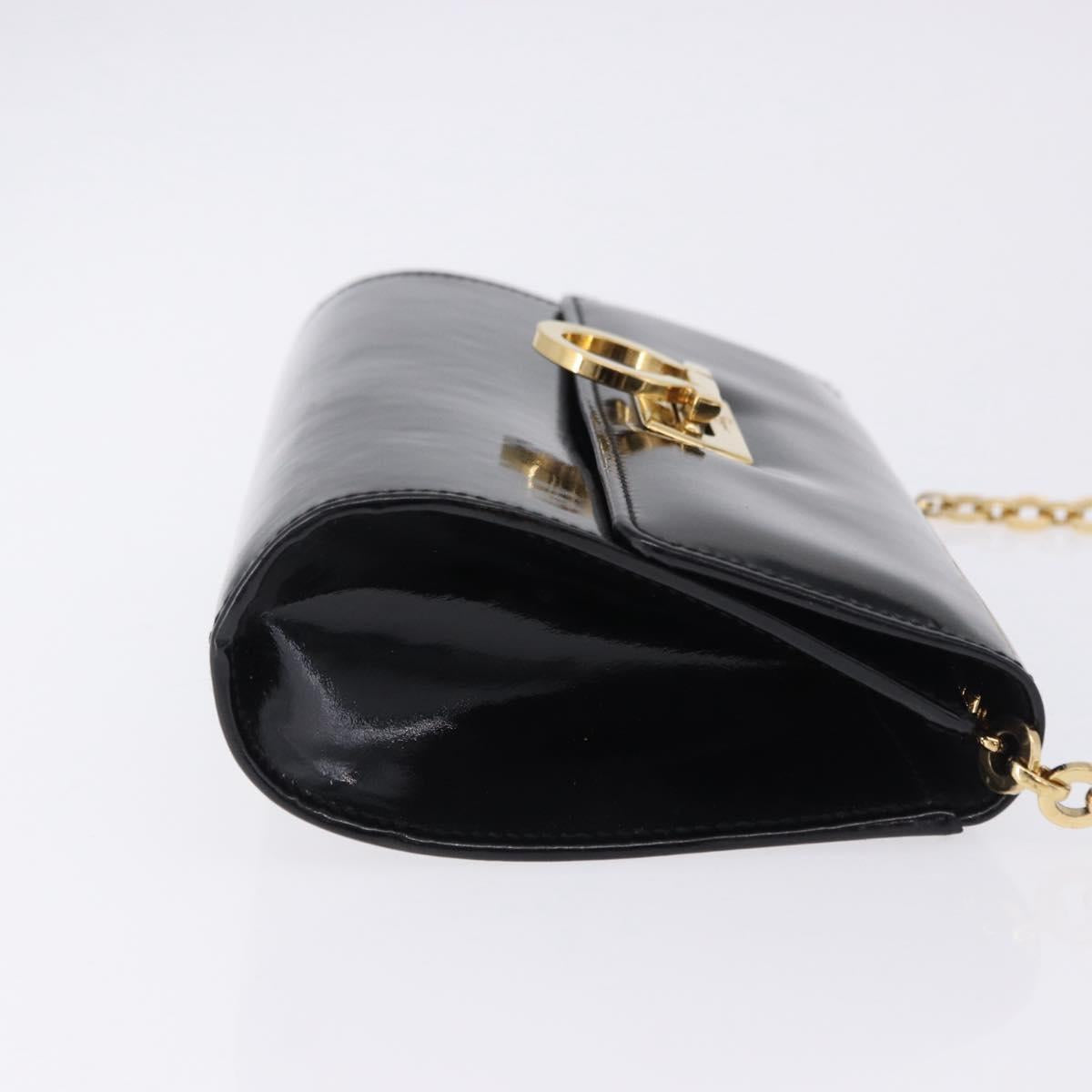 Salvatore Ferragamo Gancini Chain Shoulder Bag Patent Black Gold Auth ka5498