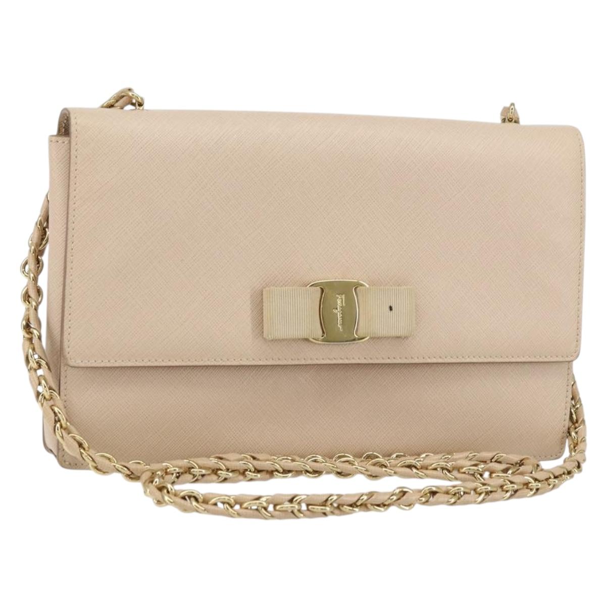 Salvatore Ferragamo Chain Shoulder Bag Leather Pink Gold Auth ka550