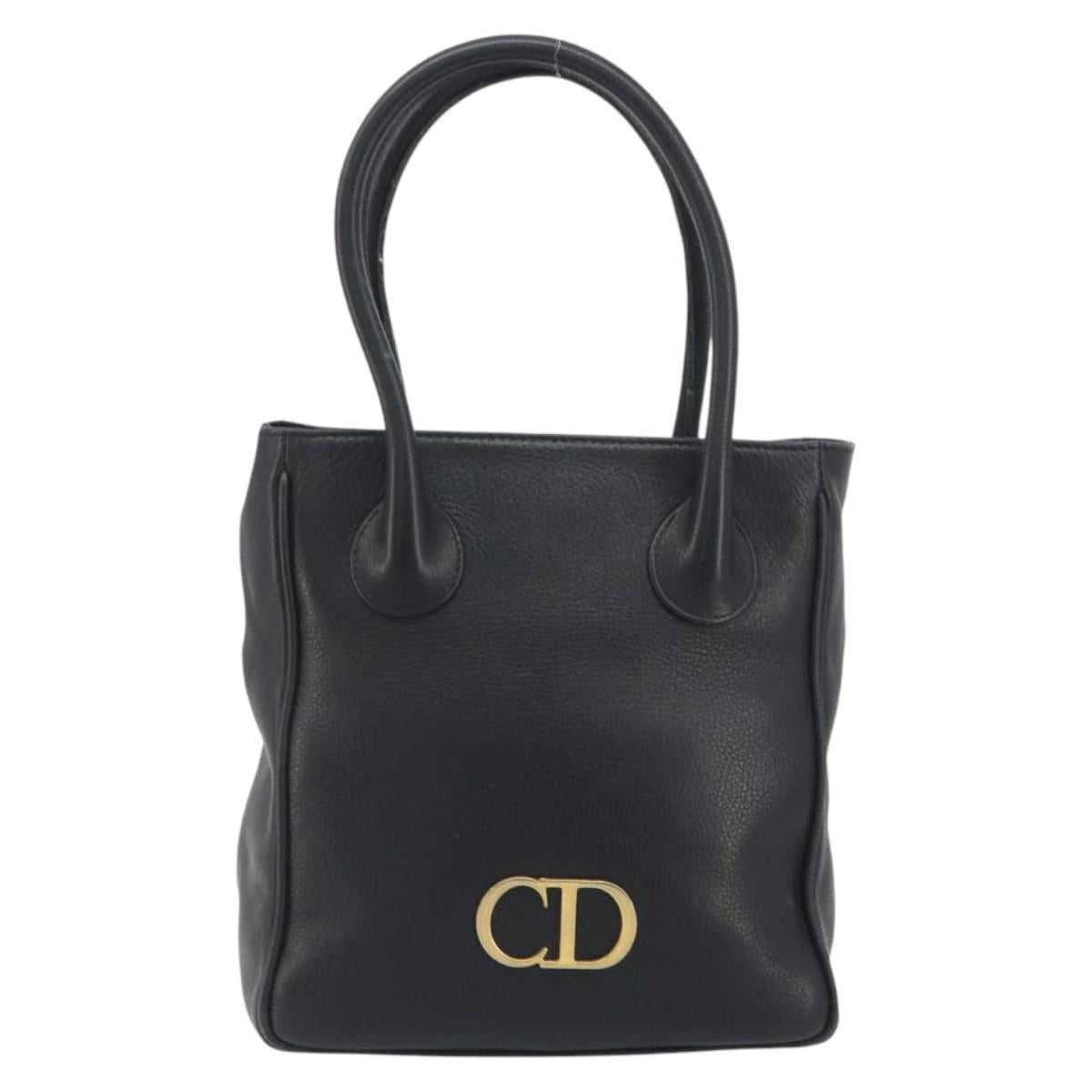 Christian Dior Hand Bag Leather Black Gold Tone Auth ka5510A
