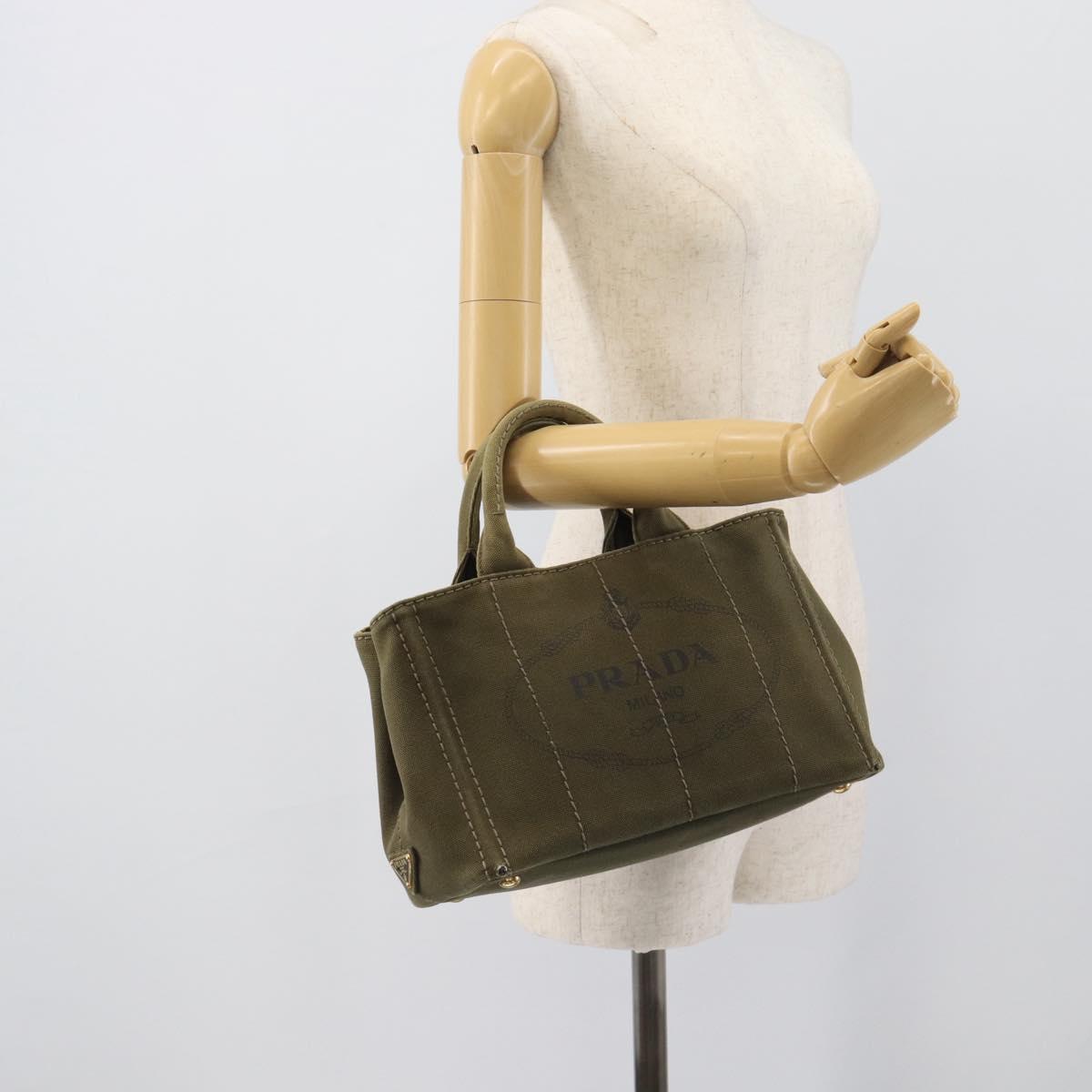 PRADA Canapa PM Hand Bag Canvas Khaki Gold Tone Auth ka5515