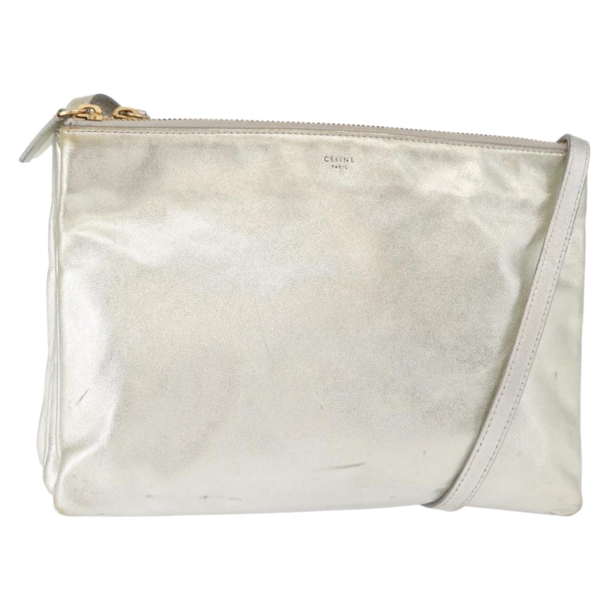 CELINE Trio large Shoulder Bag Leather Silver Gold Auth ka553