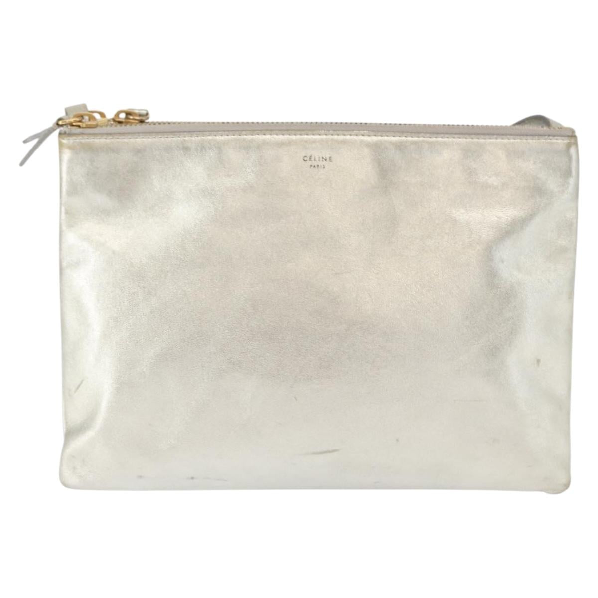 CELINE Trio large Shoulder Bag Leather Silver Gold Auth ka553